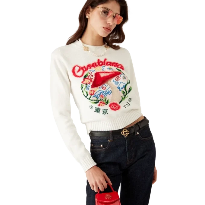 Baumwollpullover mit Pilzstickerei