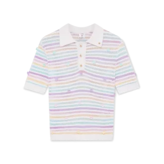 Blumenstreifen-Poloshirt aus Baumwoll-Häkelstoff