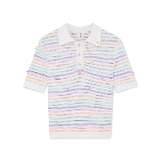 Blumenstreifen-Poloshirt aus Baumwoll-Häkelstoff