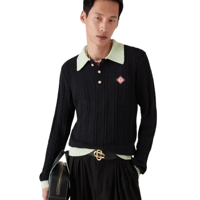 Bouclé-Poloshirt mit langen Ärmeln Bouclé-Poloshirt mit langen Ärmeln