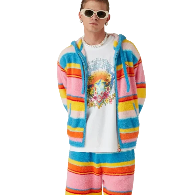 Flauschiges, gestreiftes Oversize-Sweatshirt mit Kapuze