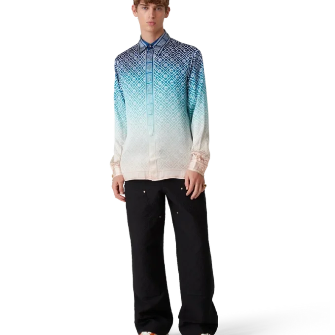 Jacquard-Seidenhemd mit Farbverlauf und langen Ärmeln