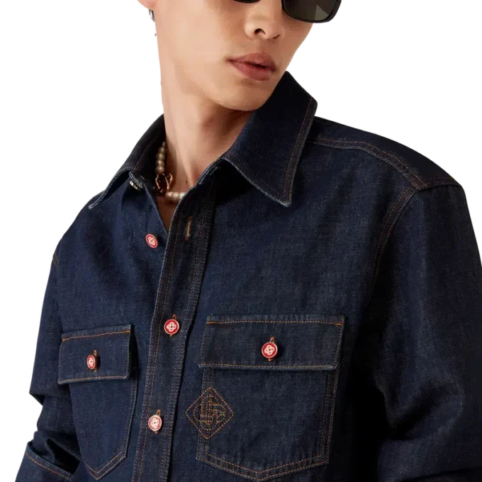 Kurzärmeliges Denim-Shirt mit Logo-Stickerei