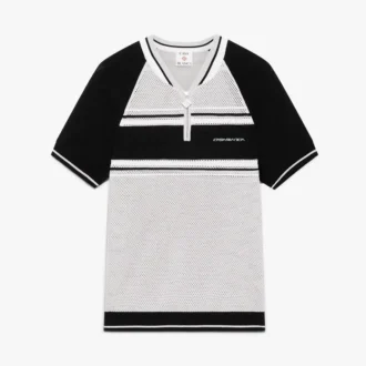 Kurzärmeliges Poloshirt mit Reißverschluss und metallischen Mesh-Streifen auf den Shorts