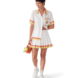 Orangefarbener Plisseerock aus Seidentwill mit Maskottchen