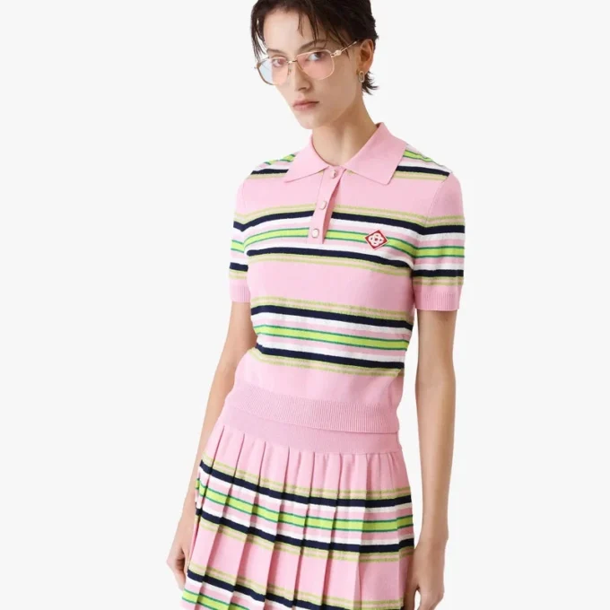 Rosa-grün gestreiftes, tailliertes Poloshirt