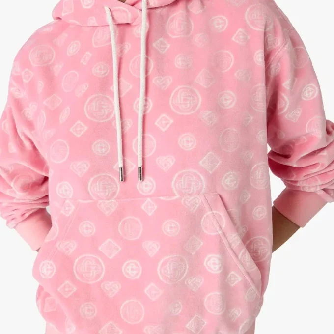 Rosa Velours-Sweatshirt mit Kapuze und Monogramm Rosa Velours-Sweatshirt mit Kapuze und Monogramm