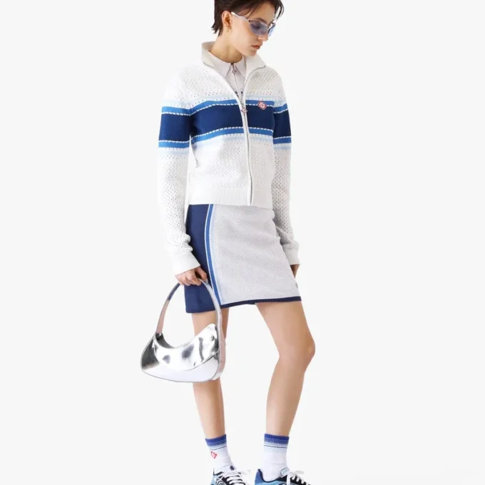 Weiß-blau gestreifte Mesh-Bomberjacke