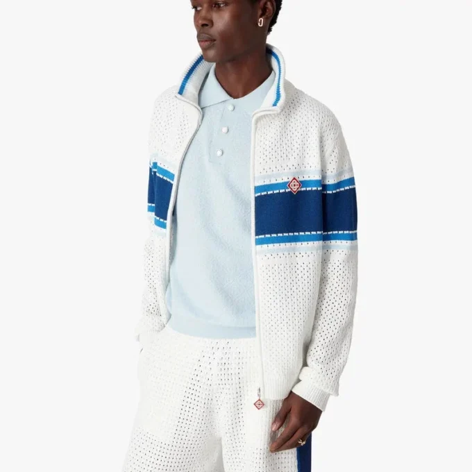 Weiß-blau gestreifte Mesh-Trainingsjacke