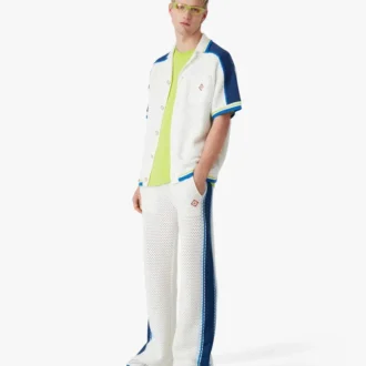 Weiß-blaues Kurzarm-Shorts-Häkelhemd