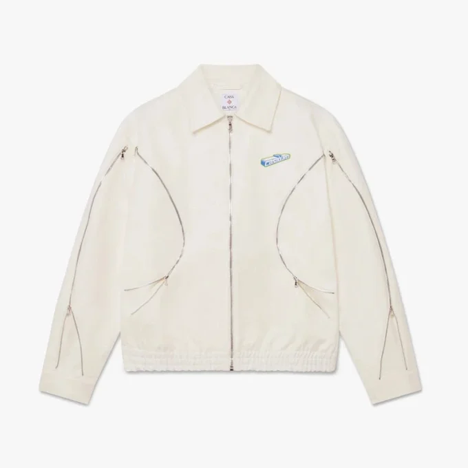 Weiße Baumwoll-Drill-Jacke mit Reißverschluss