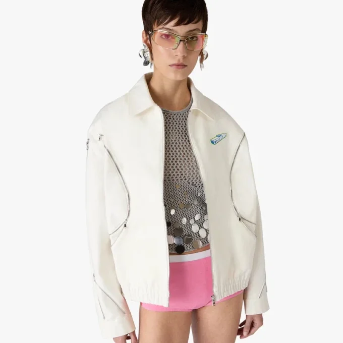 Weiße Baumwoll-Drill-Jacke mit Reißverschluss