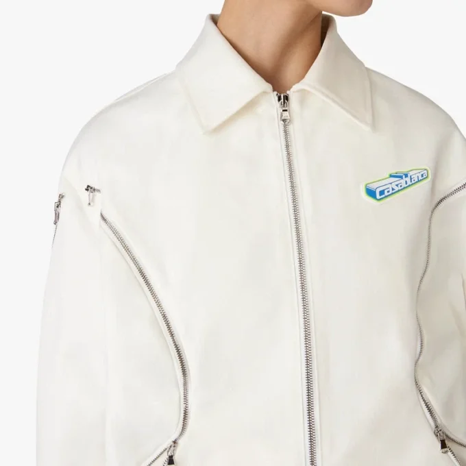 Weiße Baumwoll-Drill-Jacke mit Reißverschluss