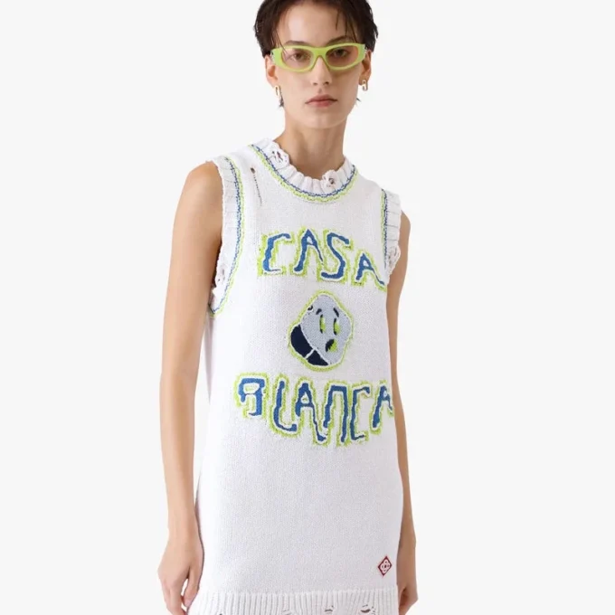 Weißes, handgestricktes Mini-Tank-Kleid