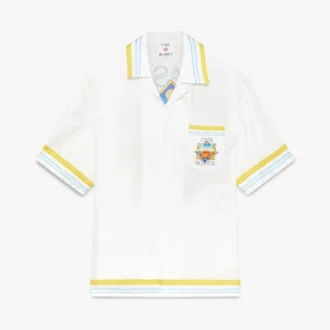 Weißes Seidenhemd mit kurzen Ärmeln und Tennis-Motiv